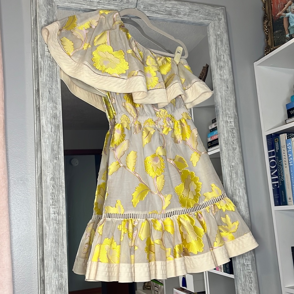 Rebecca Taylor One-Shoulder Floral Dress in Yellow and Cream